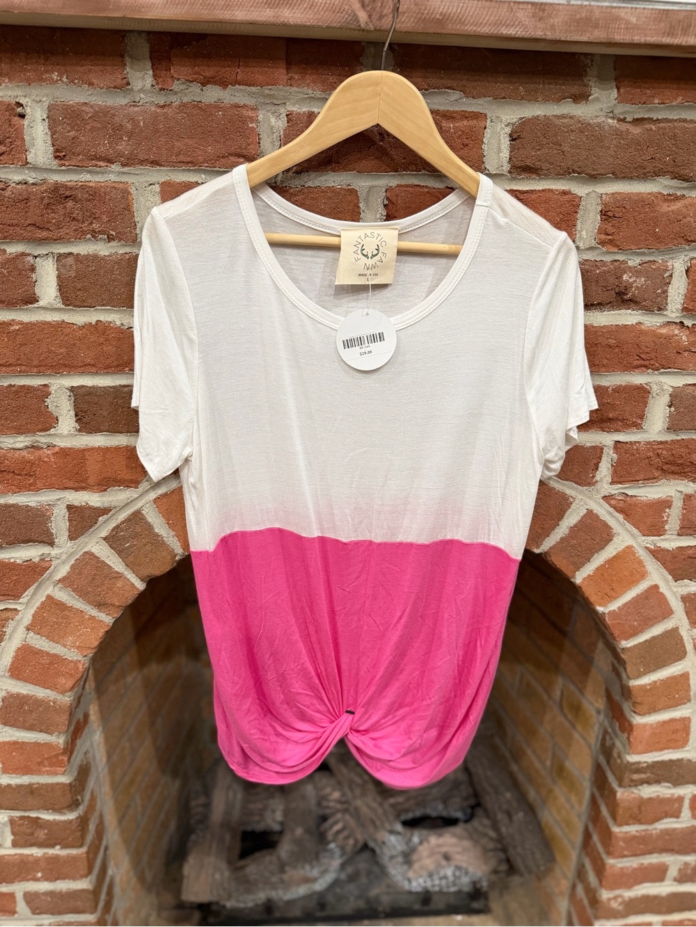 Fantastic Fawn White and Hot Pink Knot-Front Short Sleeve Tee